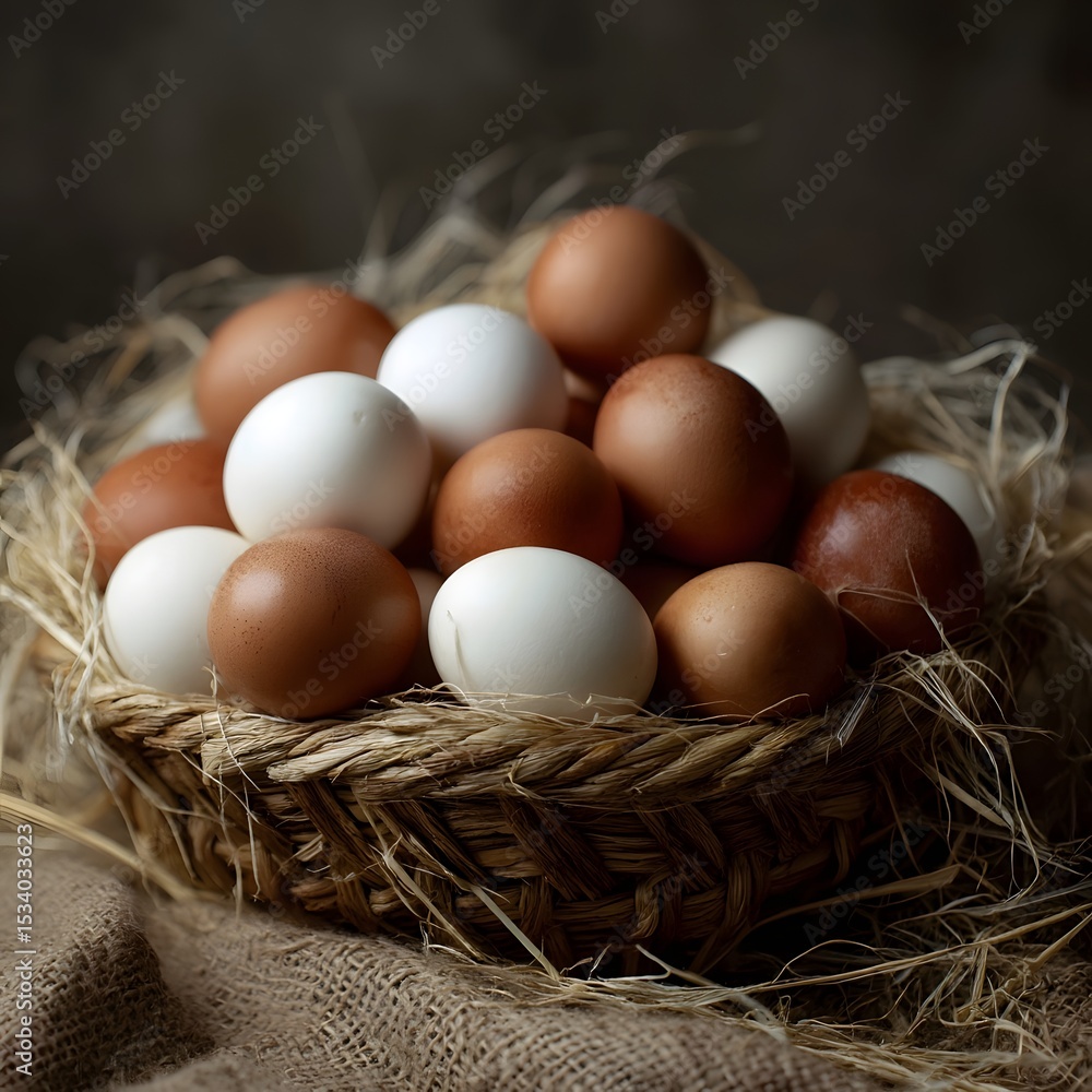 A rustic nest of fresh eggs in a straw basket A rustic nest of fresh eggs in a straw basket