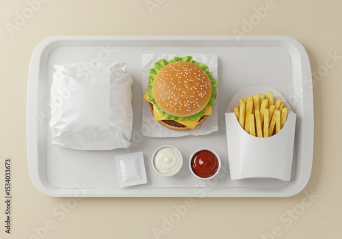 Minimalist Fast Food Meal: A Delicious Burger, Crispy Fries, and Condiments on a Clean White Tray, Ideal for Food Delivery and Branding Mockups.