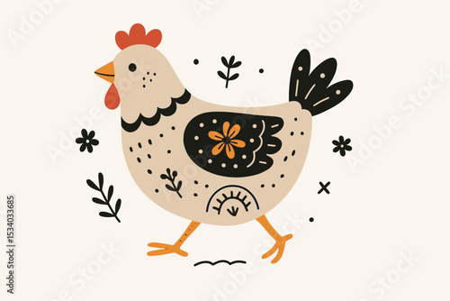 Scandinavian folk art hen illustration. Cute doodle chicken with floral ornament. Nordic decorative bird design. Rustic farm animal for kids print, textile or Easter greeting card.