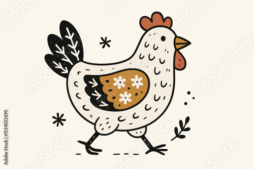 Cute walking hen in Scandinavian doodle style. Rustic folk art chicken illustration. Hand-drawn farm animal character for Easter, organic products, or children's book. Nordic design.
