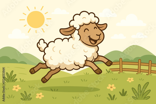 Cute cartoon sheep jumping for joy in a sunny field. Happy lamb frolicking in a summer pasture. Farm animal vector illustration for children. Cheerful character in a rural landscape.
