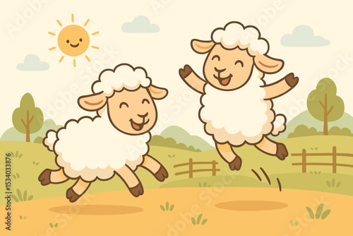 Two cute cartoon sheep jumping happily in a sunny meadow. Joyful lambs frolicking in a farm landscape. Adorable animal characters for children's illustration vector concept.