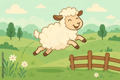 Joyful lamb jumping over a wooden fence on a farm. Cute cartoon sheep character frolicking in a green pasture. Summer countryside landscape with flowers and trees. Vector illustration.