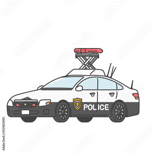 イラスト素材:赤色灯を出した交通機動隊のパトカー、日本の警察車両(フルカラー＆モノカラーSET)