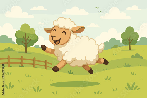 Joyful cartoon sheep jumping happily on a green field. Cute lamb character running and frolicking on a rural farm pasture. Vector illustration of a cheerful farm animal in nature.