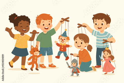 Diverse group of happy children performing a puppet show with marionettes. Kids playing together with string puppets like a clown, princess, knight, and fox. Fun childhood activity.
