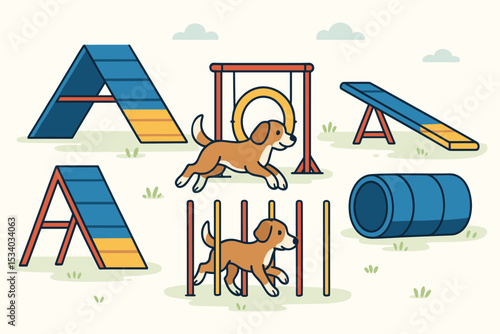 Dog agility course vector illustration. Cute cartoon puppy training on outdoor park equipment. Canine sport competition concept with obstacles like A-frame, tunnel, tire jump & weave poles.