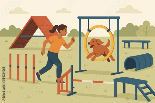 Dog agility course training vector illustration. A woman handler and her pet dog practice for a competition. Canine jumping through a tire hoop obstacle. Outdoor sport and hobby.