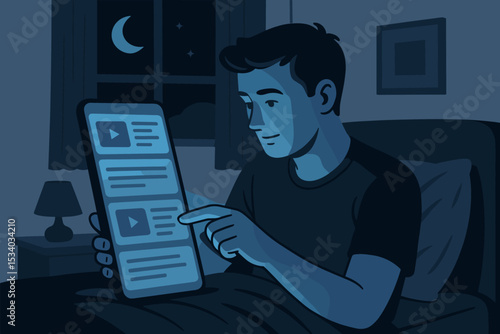 Man using smartphone in bed at night. Young person browsing social media or watching videos. Concept of phone addiction, insomnia, doomscrolling, and excessive screen time.