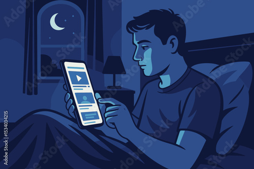 Man using smartphone in bed at night. Concept of social media addiction, insomnia, doomscrolling, and sleeplessness. Person browsing internet. Blue light affecting sleep. Vector.