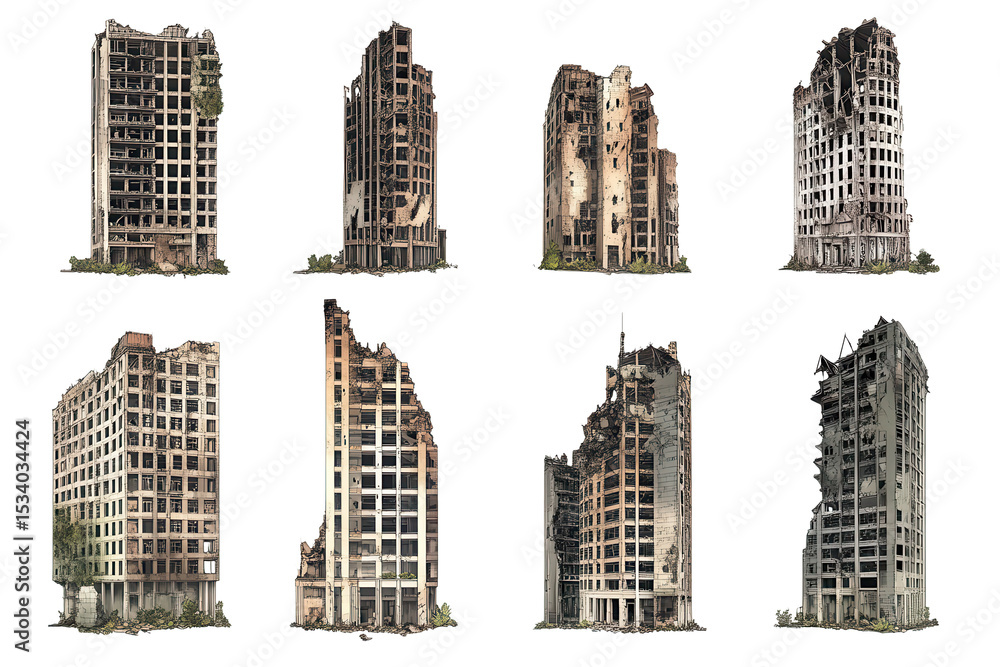 Ruined skyscrapers stand isolated on a transparent background, showcasing architectural decay and nature's reclamation of urban structures Ruined skyscrapers stand isolated on a transparent background, showcasing architectural decay and nature's reclamation of urban structures