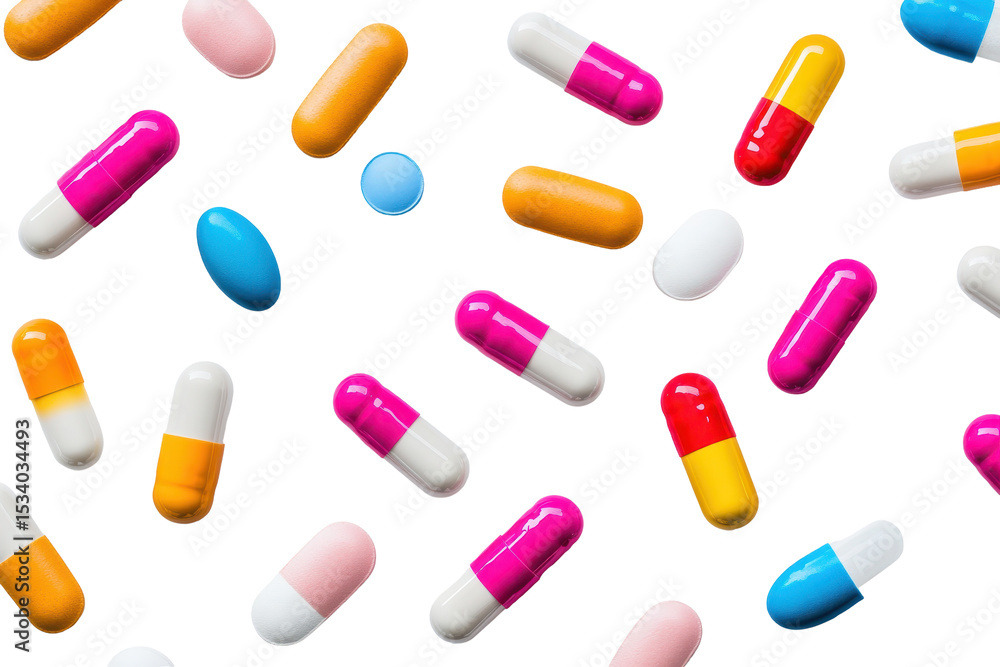 Scattered collection of colorful capsules on a white surface showcasing various shapes and sizes for potential medical or nutritional use Scattered collection of colorful capsules on a white surface showcasing various shapes and sizes for potential medical or nutritional use