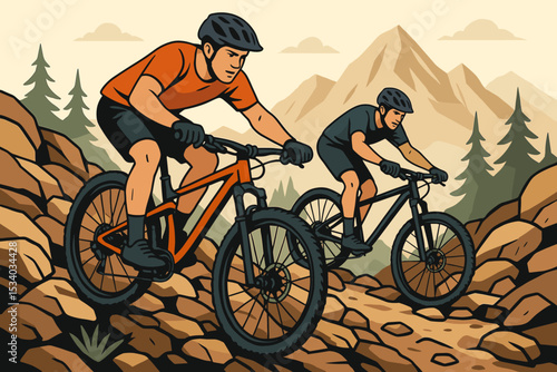 Two men mountain biking on a difficult rocky trail. Extreme sport vector illustration. Cyclists racing downhill in a mountain landscape with trees. Adventure and competition concept.