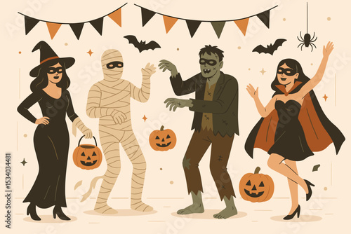 Spooky Halloween masquerade party with people in monster costumes. Vector illustration of a witch, mummy, zombie, and vampire dancing at a creepy, fun holiday celebration.