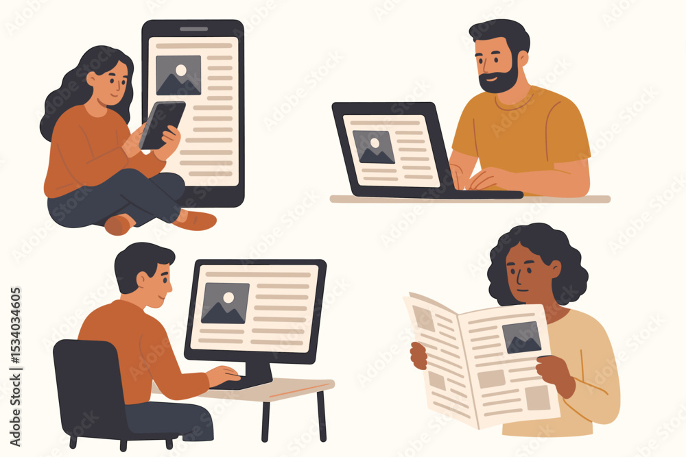 Media consumption concept with diverse people reading news. Vector set of characters with laptop, smartphone, computer and newspaper. Online digital media versus traditional print press. Media consumption concept with diverse people reading news. Vector set of characters with laptop, smartphone, computer and newspaper. Online digital media versus traditional print press.