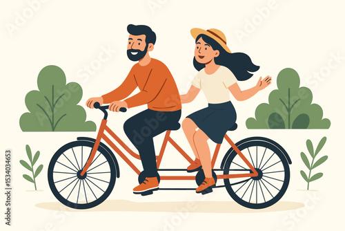 Happy young couple riding a tandem bicycle illustration. Man and woman on a romantic adventure. Concept of love, togetherness, teamwork, active lifestyle and outdoor journey.