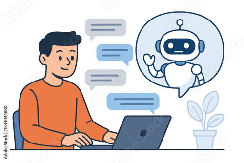 Man chatting with AI chatbot on laptop computer for online customer support. User talking to virtual assistant robot. Artificial intelligence technology help desk service concept.