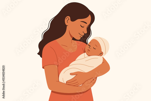 Loving mother holding her sleeping newborn baby in her arms. Gentle maternal embrace and unconditional love. Motherhood, maternity, childcare and parenthood vector illustration.