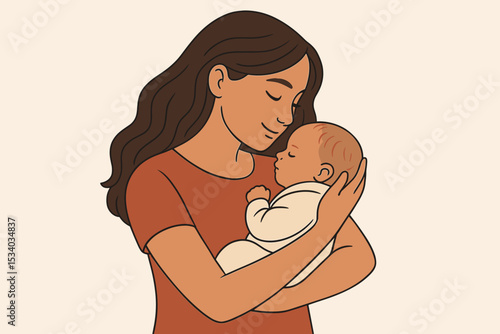 Mother holding her newborn baby. Loving woman embracing sleeping child. Tender moment of motherhood and parental love. Family bonding concept vector illustration. Happy mothers day.