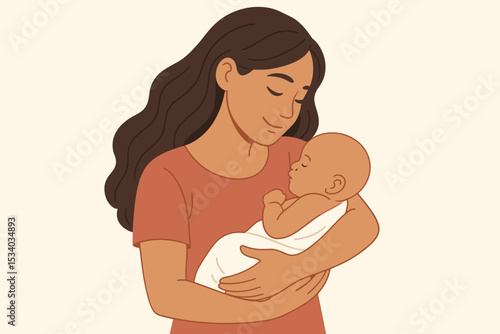 Young mother gently holding her sleeping newborn baby in her arms. Mother's Day concept. Illustration of maternal love, tenderness, childcare, and happy peaceful motherhood.