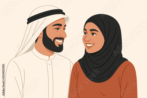 Smiling Muslim couple in love. Happy Arab family portrait. Man in keffiyeh and woman in hijab. Vector illustration of a modern Islamic relationship, communication, and togetherness.