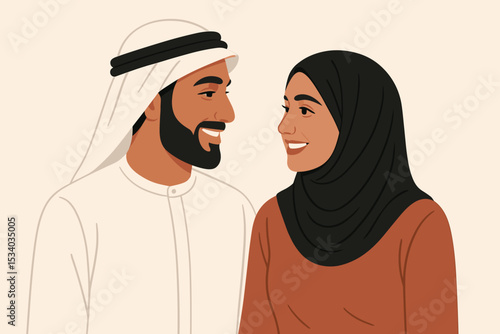 Happy Arab couple smiling. Muslim man in traditional thobe and keffiyeh and woman wearing a hijab looking at each other. Love and marriage concept vector. Middle Eastern family.