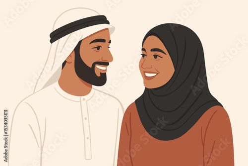 Smiling Muslim couple in traditional Arab clothing. Happy husband and wife in hijab and ghutra looking at each other. Middle Eastern family love and relationship vector illustration.