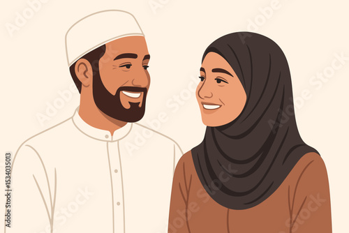 Happy Muslim couple portrait vector illustration. Smiling man in taqiyah and woman in hijab looking at each other. Islamic family and relationship concept. Love and togetherness.