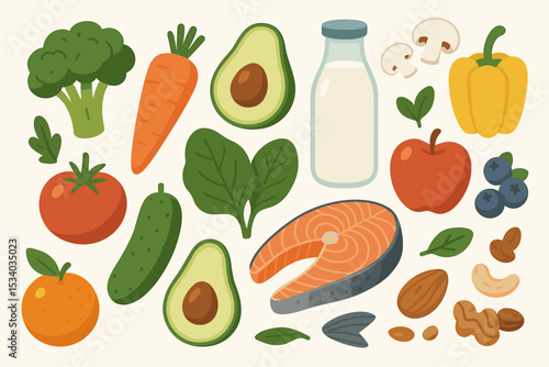 Healthy food collection for balanced diet concept. Fresh organic vegetables, fruits, salmon fish, milk and nuts. Vector illustration for nutrition, wellness, grocery and lifestyle.