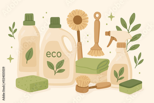 Eco friendly cleaning supplies set. Natural detergents and biodegradable household tools for green cleaning. Sustainable zero waste lifestyle concept. Flat vector illustration.