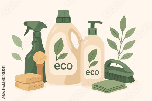 Eco cleaning essentials illustration. Set of natural, organic and biodegradable household products. Green detergent, soap, brush, and sponge for a sustainable, zero waste lifestyle.
