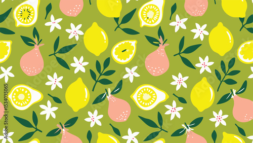 A vibrant pattern of lemons pears flowers and leaves creating a cheerful summer themed background design