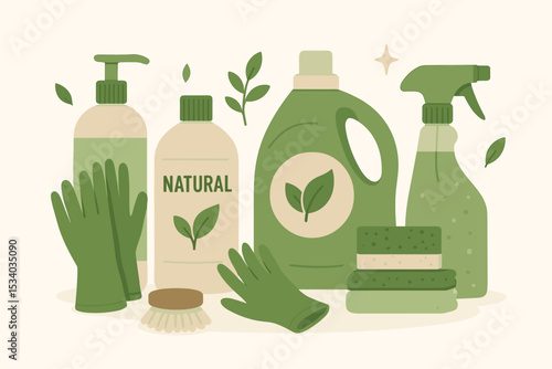 Eco friendly cleaning products illustration. Natural biodegradable household supplies concept. Green detergents, soap, spray, gloves for sustainable, zero waste home cleaning.