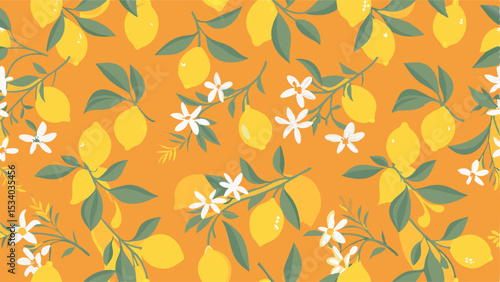 Seamless pattern featuring lemons on branches with leaves and white flowers on an orange background
