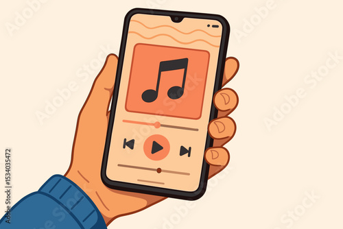 Hand holding smartphone with music streaming app. User interface with song playlist on mobile screen. Concept of digital audio player, online entertainment, and modern technology.