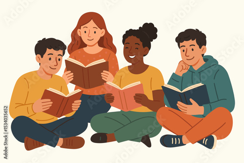 Diverse group of young friends in a book club, sitting together and reading books. Flat vector illustration concept for education, community, hobby, literature, and learning.