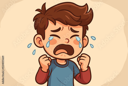 Crying boy vector illustration. Upset little kid shedding tears. Unhappy child character with sad face expression. Emotional despair, grief or tantrum cartoon concept design.
