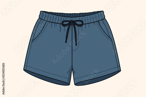 Women's summer shorts technical flat sketch. Fashion vector illustration of casual apparel with drawstring waist and pockets. Clothing design template, garment mockup isolated.