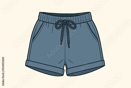 Casual women's summer shorts vector illustration. Modern blue loungewear with drawstring, pockets and rolled cuffs. Isolated fashion flat sketch of female apparel for leisure.