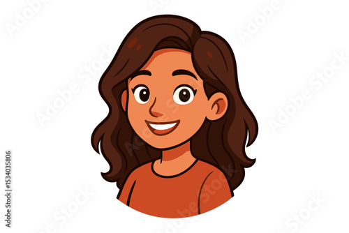 Beautiful woman avatar portrait. Young smiling female character with brown wavy hair. Happy friendly girl face for profile picture or user icon. Cartoon vector illustration.