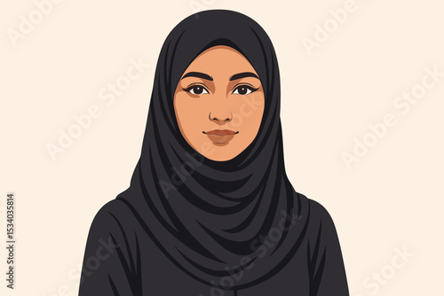 Modern Muslim woman wearing a traditional black hijab headscarf. Beautiful Arab lady portrait vector illustration. Concept for Islamic culture, modest fashion, and empowerment.