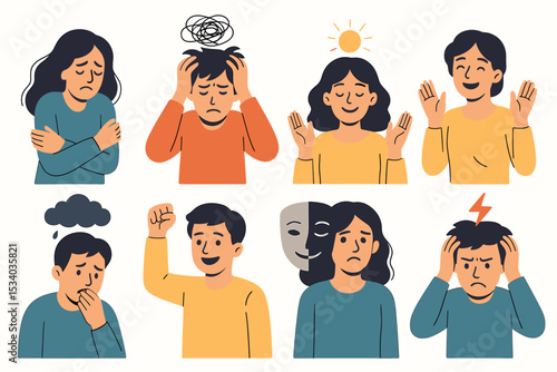 Set of people with psychological states and mental health problems. Vector illustration of emotions like anxiety, depression, stress, happiness, anger, and bipolar disorder concept.