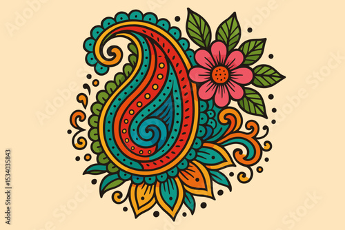 Colorful Mehndi paisley flower ornament. Indian traditional ethnic floral design. Vector illustration for decoration, henna tattoo, or bohemian style pattern element. Folk art style.