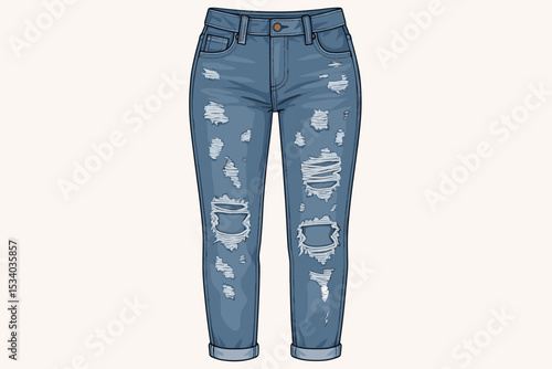 Women's ripped boyfriend jeans vector illustration. Distressed blue denim trousers. Fashionable high-waist mom jeans with holes and rolled cuffs. Casual fashion apparel sketch.