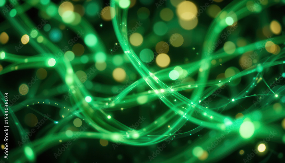 Fototapeta premium Abstract Green Light Trails and Bokeh, Technology Network Background