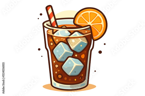 Cartoon glass of cold cola soda with ice cubes, a striped straw, and an orange slice. Refreshing summer beverage vector icon. Iced tea or fizzy drink concept for menu.