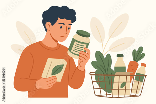 Young man reading food label, making smart shopping choices in a grocery store. Conscious consumer concept for healthy organic diet, vegan lifestyle, and nutrition information.