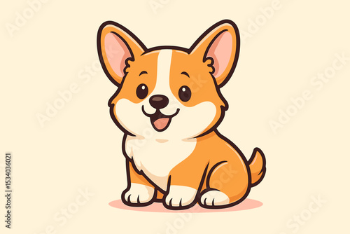 Cute corgi puppy illustration. Pembroke Welsh Corgi cartoon character. Happy smiling dog sitting. Vector pet animal design. Adorable kawaii graphic for kids, sticker, or pet shop logo.