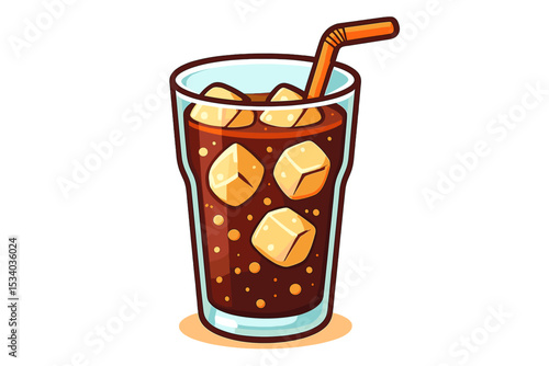 Cartoon cola soda drink in a glass with ice cubes and straw. Vector illustration of a refreshing cold beverage. Fizzy pop for fast food menu or summer party. Isolated icon.