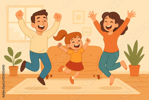 Joyful family celebration at home. Happy mother, father, and daughter jumping with excitement. Vector cartoon illustration concept for lifestyle, togetherness, parenthood, and fun.